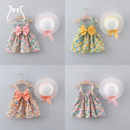Girl's Dresses 2 pieces/set flower baby girl dress summer fashion toddler girl childrens clothing beach dress childrens clothing send hats 0 to 3 Y d240515