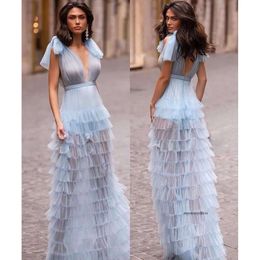 Sexy Light Blue Prom Dresses V Neck Tiered Skirt Party Evening Gowns Formal Long Special Ocn Dress 0515