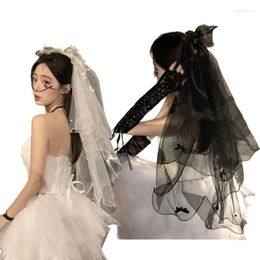 Headpieces Layered Lace Veil With Ribbon Bowknot Tulle Halloween Wedding For Bride