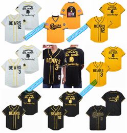 Bad News Bears Movie Baseball Jersey, 1976 Chico's Bail Bonds, Tanner Boyle #12, Kelly Leak #3, S-XXXL, White/Black/Yellow