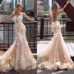 Champagne A-Line Wedding Dresses Sexy V Neck Appliqued Floor Length Train Ruffles Sleeveless Illusion Tulle Boho Wedding Gowns Plus Size Pearls Backless