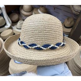 Wide Brim Hats Fashion Natural Raffia Grass Ladies Pearl Decoration Fisherman Bucket Hat Upturned Fadora For Woman Designer