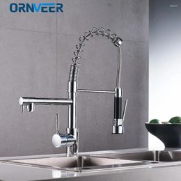 Kitchen Faucets Chrome Spring Pull Down Faucet Dual Spouts 360 Swivel Handheld Shower Mixer Cold 2 Outlet KF2005