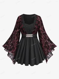Women's T Shirts ROSEGAL Plus Size Lace Applique Ruched Mesh Bell Sleeves T-shirt Women Spring Autumn Casual Square Neck Tops Patchwork