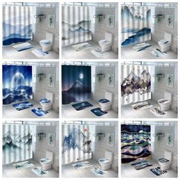 Shower Curtains 4pcs 3D Printing Mountain Waterproof Curtain Anti-slip Mat U-shaped Toilet Cover Home Decor