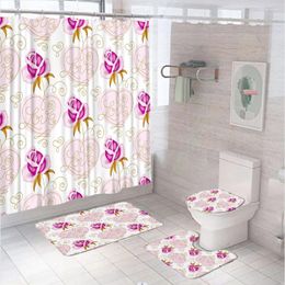 Shower Curtains Pink Rose Love Curtain Sets Valentine's Day Wedding Heart Flower Bathroom Non-Slip Bath Mat Rug Toilet Lid Cover