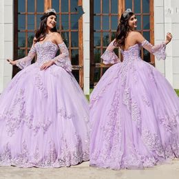 2020 New Lilac Quinceanera Dresses Sweetheart Lace Applique Corset Back Tulle Satin Pageant Long Juliet Sleeves Sweet 16 Party Ball Gow 227h