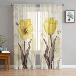 Curtain Vintage Flowers Butterflies Yellow Tulips Sheer Curtains For Living Room Decoration Window Kitchen Tulle Voile