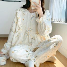 Home Clothing Autumn Summer Spring Floral Pajama Sets Women Cotton Bathrobe Long Sleepwear Girl Mujer Postpartum Night Suits Homewear