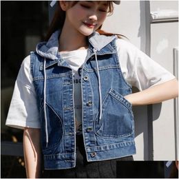 Womens Vests Korean Version Hooded Denim Vest Spring And Autumn Short Sleeveless Top Waistcoat Trendy Drop Delivery Apparel Clothing Dhdzw