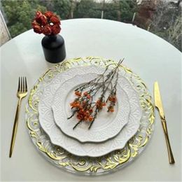Party Decoration 100 Pcs Plastic Decorative Service Plate Gold Silver Dinner Serving Wedding Decor Table Place Settin 13Inches Charger