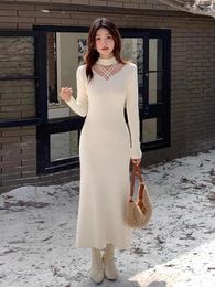 Casual Dresses Black Hollow Out Elegant Long Dress For Women Warm Beige Knitted Ladies Brown Festival Sweater Autumn Winter Simplicity