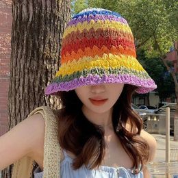 Spring Summer Rainbow Woven Straw Hat Bucket Hat Sunblock Shade Wide Brim Hat Breathable Fisherman Hats Beach Straw Cap 240515