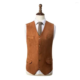 Men's Vests Orange Vest Groom Wedding Single Breasted 4 Pockets Suede Tweed Coat Waistcoat Business Casual Slim Fit