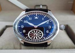 Wristwatches 44mm No Logo Mechanical Hand Wind Men39s Watch Black Dial Blue Glass Bulge Bubble Mirror Rotating Turbine Seagull 9966015
