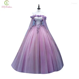 Party Dresses SSYFashion Prom Dress Sweet Purple Lace Flower Boat Neck Appliques Floor-length Ball Gowns Custom Formal