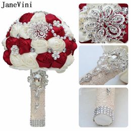 Wedding Flowers JaneVini Silver Rhinestones Decoration Satin Rose Bouquets For Bride Pearls Round Bridal Bouquet Artificiel Mariage 2024