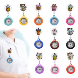 Party Favor Cartoon Milk Tea Cup 8 Clip Pocket Watches Alligator Medical Hang Clock Gift Lapel Watch For Nurses Doctors Clip-On Hangin Ote4B