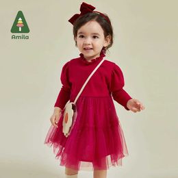 Girl's Dresses Amila Childrens Clothing 2023 New Autumn Cut Patchwork Gauze Skirt Comfort Fashion Cotton Warm Dress Girls Baby DressL240502