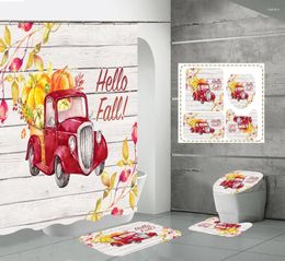 Shower Curtains Red Truck Curtain Thanksgiving Wooden Board Bath Mats Set Bathroom Fall Pumpkins Leaves Toilet Lid Covers Carpet