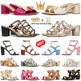 Luxury black white heels sandals famous designer women sandels valentine Ankle Strap Roman Studs High Heel Shoes Nude Strip Rivets wedges sandles womans slides 2024