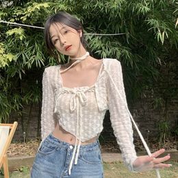 Lace Short Shawl Set Women 2024 New Summer Spice Girl Irregular Camis + Long Sleeve Lace-up Solid Color Cardigan Korean Style Fashion Versatile Two Pieces Set Female