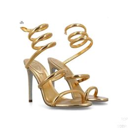 Rene Caovilla Golden Sandals Rhinestones Embellished Metallic Cortex Snake Strass Stiletto Heel Sandals Evening Shoes Designers Ankle Wraparound H3gd 8E