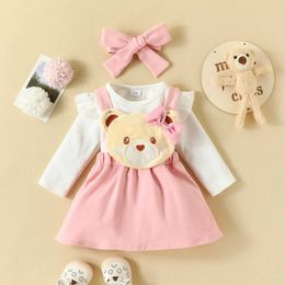 Clothing Sets Autumn and Winter Baby Girl Solid Color Long sleeved Sweatshirt Cute Little Bear Embroidered Backband Skirt Three Piece Set