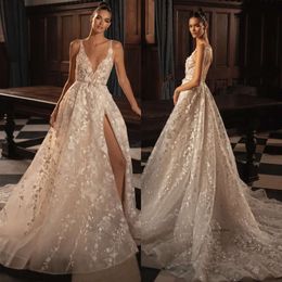 Berta A Line Dresses For Bride V Neck Slit Lace Wedding Dress Vestidos De Novia Backless Appliques Designer Bridal Gowns 0515