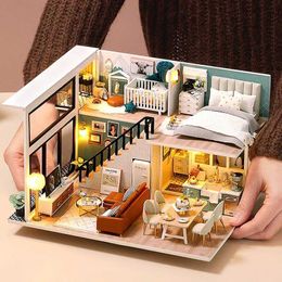 Architecture/DIY House Mini Doll House DIY Handmade Duplex Apartment Production 3D Puzzle Assembly Building Toy Decoration with Furniture Wooden Crafts