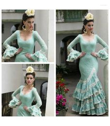 Party Dresses Mint Green Mermaid Prom Occasion With Long Sleeve Ruffles Lace Trajes De Flamenca Dancing Spain Evening Gown