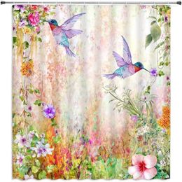 Shower Curtains Flower Curtain Hummingbird Spring Flowers Romantic Rustic Style Pattern Waterproof With Hooks Fabric Bathroom Decoration