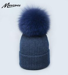 Real Fox Fur pom poms ball Skullies Beanies Keep Warm Winter Hat for Women Child Girl 039s Wool Hat Knitted cap thick female ca4444802
