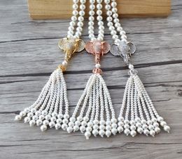 Elephant head charm Pendant CZ zircon Micro pave ConnectorNatural Shell Pearl Beads Chain tassels Women Jewelry Necklace NK5363177415