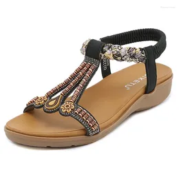 Casual Shoes SIKETU Brand Summer Fashion Small Wedge Lightweight Sandals Women Elastic Band Beaded Jewel Petal Rome Ankle Tstrap