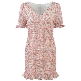 Summer Pink Floral Print Dress Short Sleeve V-Neck Short Casual Dresses Y4W09225N