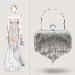 Tassel Rhinestone Bag Silver Evening Dress Banquet Clutch Bag Diamond Bag High-end Lady Texture Hand-held Evening Bag