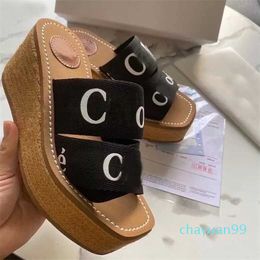 Designer -Summer Women's Woody Sandals Letter Print Canvas Espadrille Platform Slides Cross Weave Comfortable Wedges Slipper EU35-42 BOX