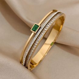 Luxury Stainless Steel Cuff Bracelet For Women Mens Gold Silver Colour Couple Bracelets Green White Rhinestone Wide Bangle Gift 240515