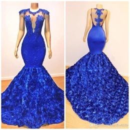 African Royal Blue Mermaid Prom Dresses 2020 Rose Flowers Long Sweep Train Sheer Neck Applique Beads Pageant Dress Evening Gowns ogstuf 272H