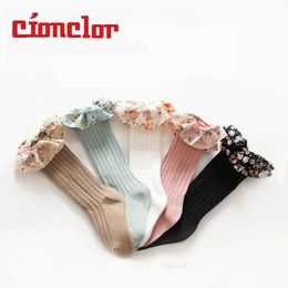 Kids Socks Baby girl floral long socks knee high childrens lace princess childrens socks pleated edges soft cotton legs warm girl socks 0-7 years oldL2405