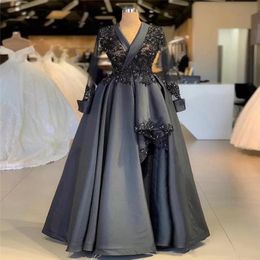 2023 Dark Gray Lace Applique A-line Prom Dresses Vintage Long Sleeves Satin Formal Evening Gown Arabic Plus Size Party Pageant Dress BC 256a