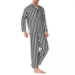 Home Clothing Black White Striped Sleepwear Spring Vertical Lines Print Casual Oversized Pyjamas Set Man Long Sleeve Fashion Suit