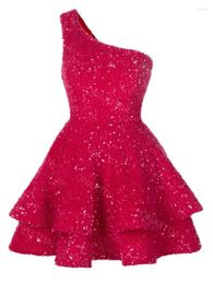 Party Dresses One Shoulder Sleeveless Homecoming Dress For Teens Sparkly Sequin Short Prom A Line Tiered Formal Cocktail Gown ON74