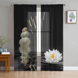Curtain White Flower Plant Stone Water Wave Black Sheer Curtains For Living Room Decoration Window Kitchen Tulle Voile