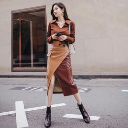 Work Dresses Fashionable Women Sets Chic Two Piece Brown Shirt PU Leather Skirt Suits Elegant V Neck Blouse Bodycon 2