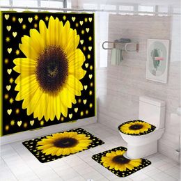 Shower Curtains Sunflower Flower Heart Curtain Set With Rug Waterproof Bathing Screen Anti-slip Toilet Lid Cover Bathroom Decor