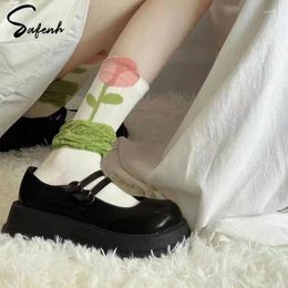 Women Socks Spring Summer Cotton Tulip Japanese Korean Style Flower Candy Colour Middle Tube Breathable JK