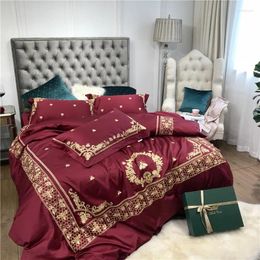 Bedding Sets Wine Red Luxury 100S Egyptian Cotton Golden Embroidery Royal Wedding Set Duvet Cover Bed Sheet Linen Pillowcases