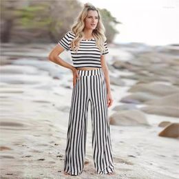 Cape For The Beach Dress Cover Up Bathroom Exits Summer Women Stripe Neck Short Sleeve Shirt Trousers Two Piece Set Print